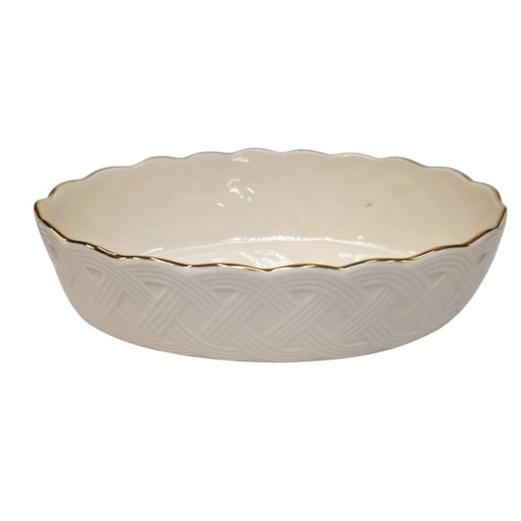 Lenox Classic Lattice Server Bowl Cream Gold Scallop Oval Porcelain Centerpiece - Picture 10 of 11